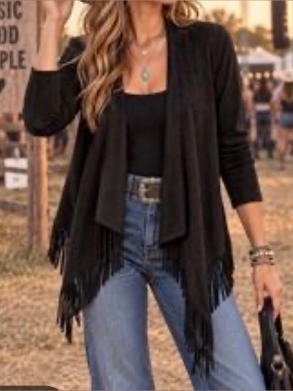 Gianni Bini Faux Suede Fringe Open Front Waterfall Cardigan Jacket Black Sz M